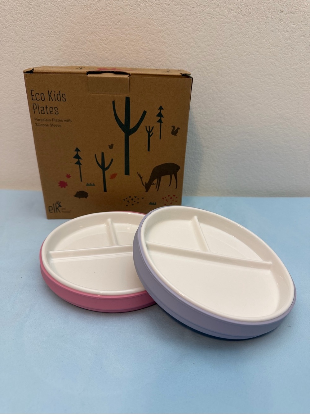 Elk and Friends Porcelain White Divided Plates with Suction Sleeves